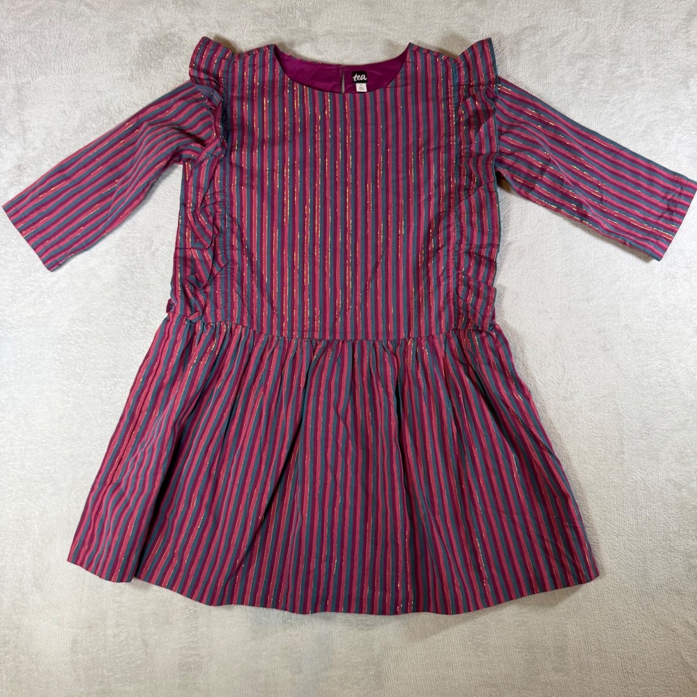 Tea Collection Girls Pink Teal Striped Gold Lurex Ruffle Dress Size 16 Holiday